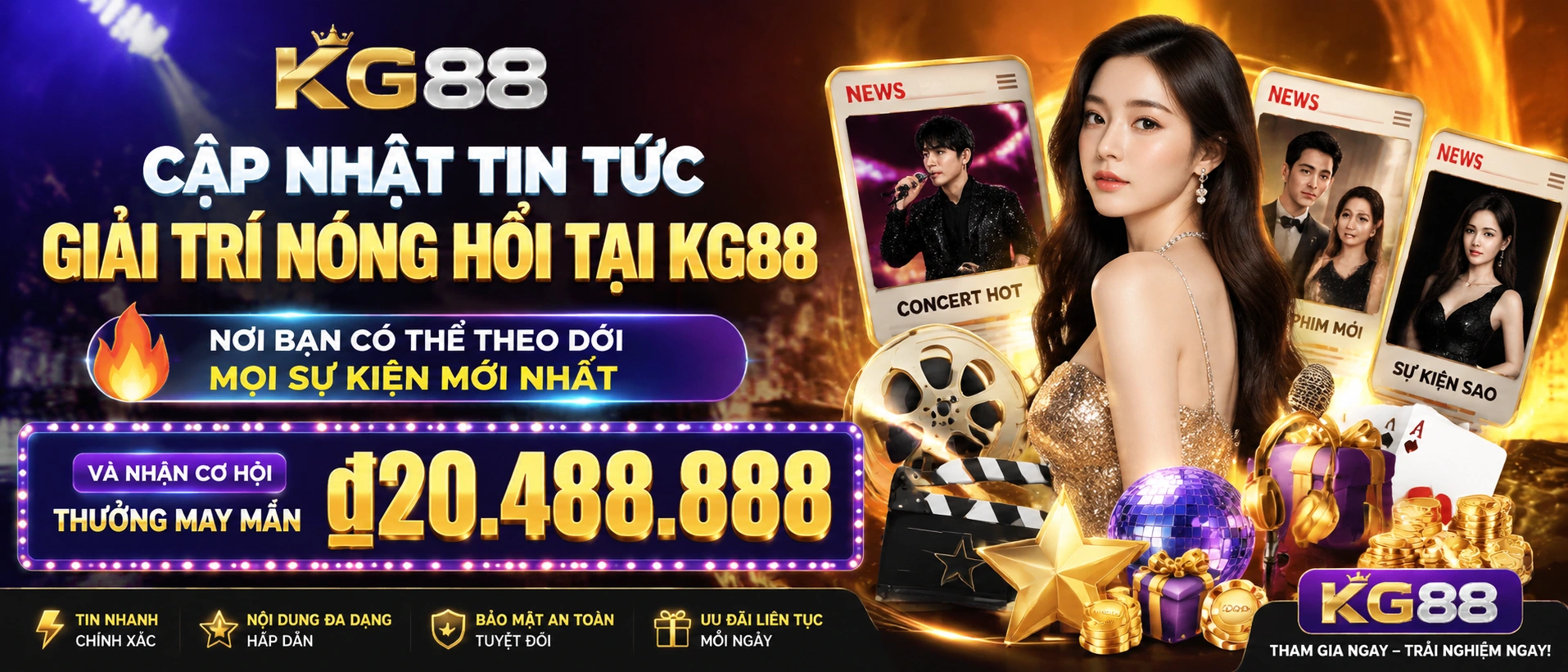 Giao diện tin tức KG88 trên điện thoại với các mục khuyến mãi và cập nhật nổi bật